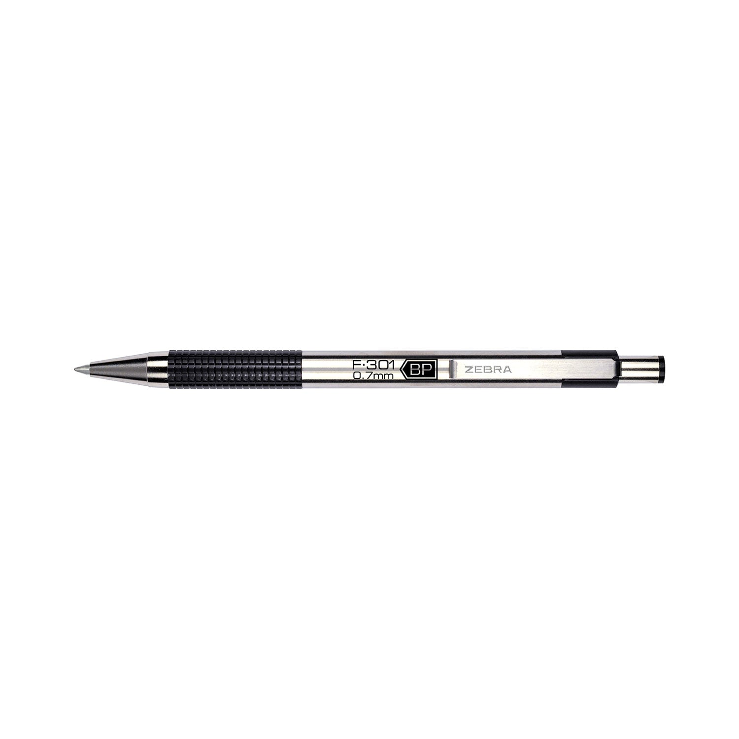 F-301 Ballpoint Pen, Retractable, Fine 0.7 mm, Black Ink, Stainless Steel/Black Barrel, 2/Pack