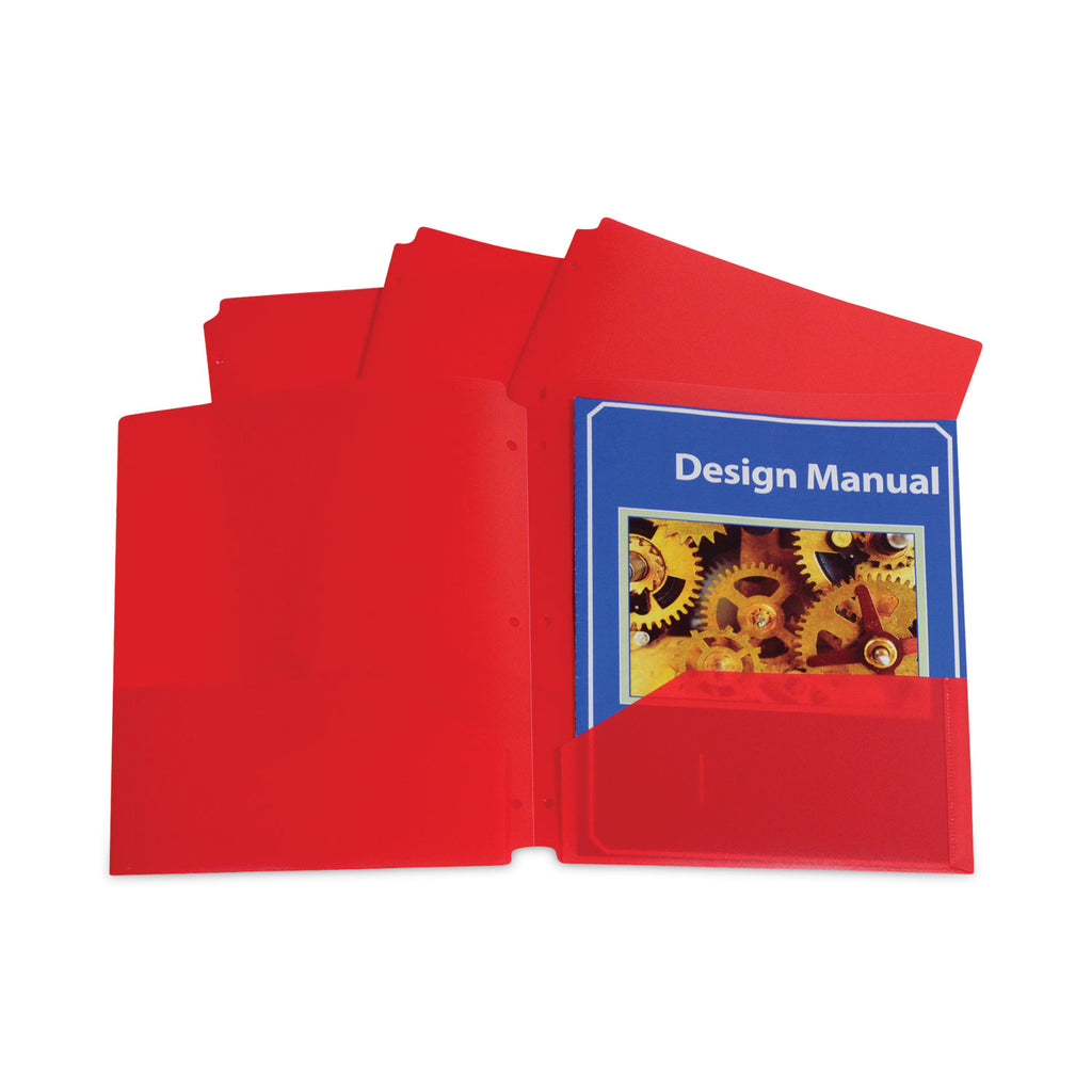 Two-Pocket Heavyweight Poly Portfolio Folder, 3-Hole Punch, 11 x 8.5, Red, 25/Box - 