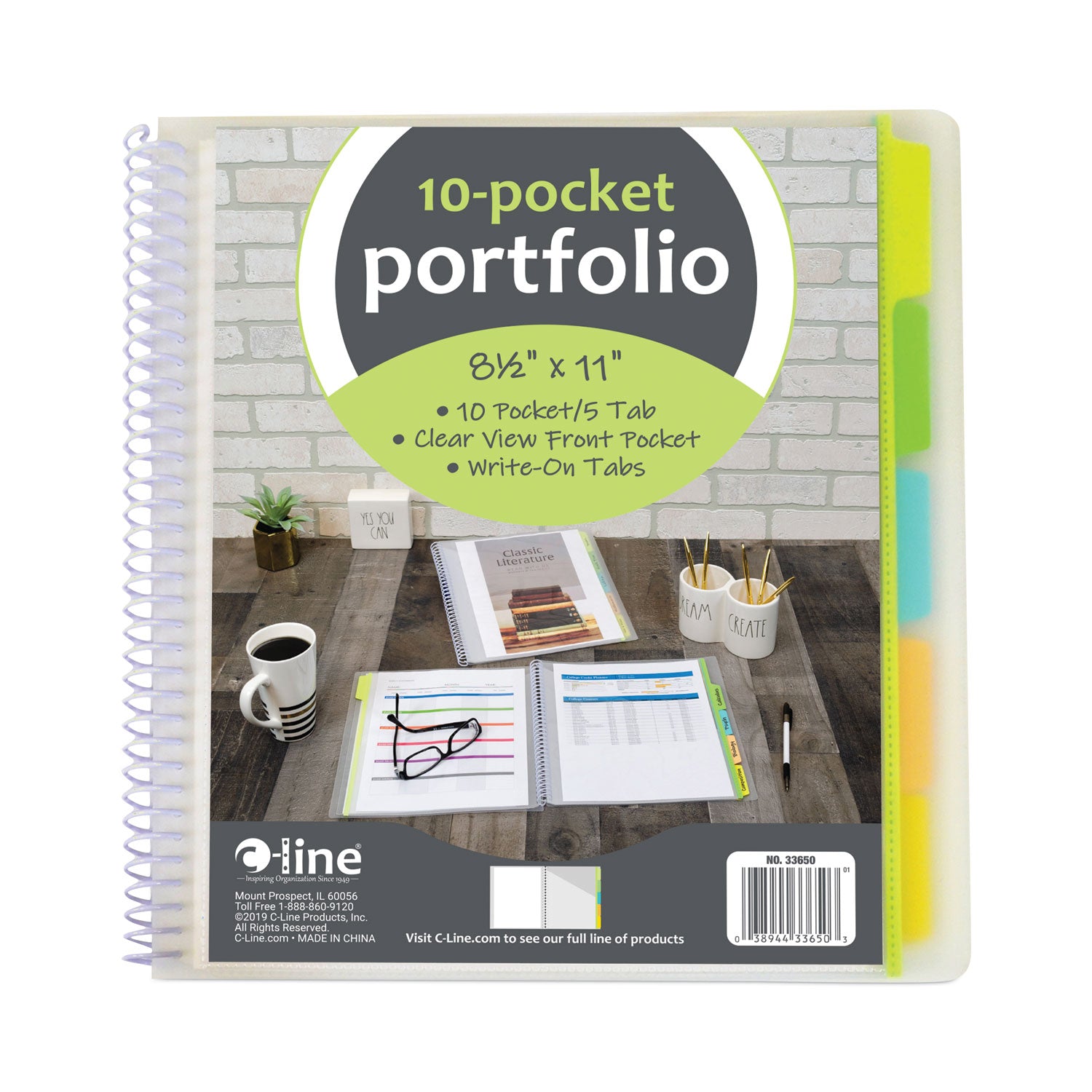 10-Pocket Poly Portfolio with Write-On Tabs, 8.5 x 11, Clear/Clear - 