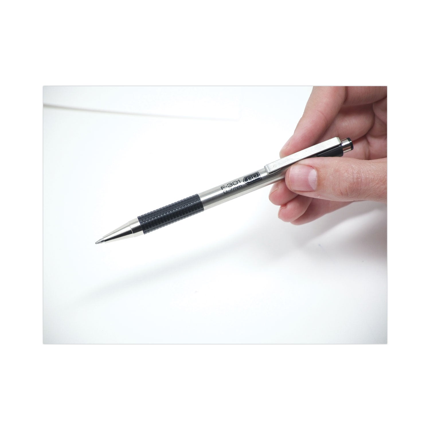 F-301 Ballpoint Pen, Retractable, Fine 0.7 mm, Black Ink, Stainless Steel/Black Barrel - 