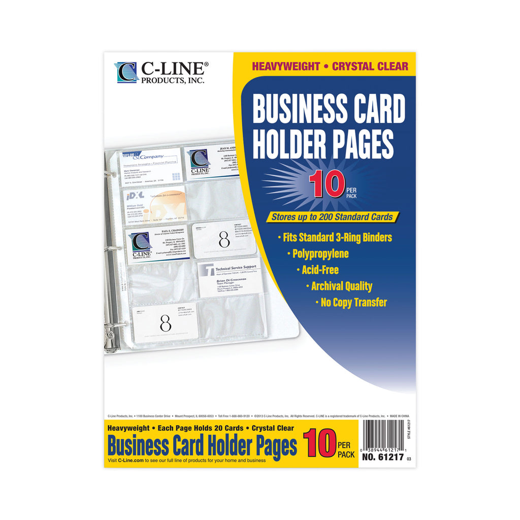 Business Card Binder Pages, For 2 x 3.5 Cards, Clear, 20 Cards/Sheet, 10 Sheets/Pack