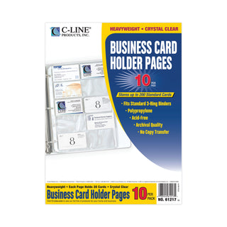 Business Card Binder Pages, For 2 x 3.5 Cards, Clear, 20 Cards/Sheet, 10 Sheets/Pack