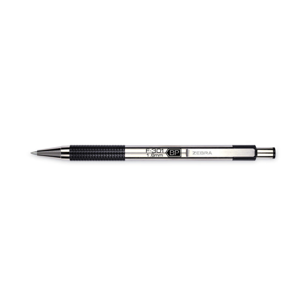 F-301 Ballpoint Pen, Retractable, Bold 1.6 mm, Black Ink, Stainless Steel/Black Barrel, 2/Pack