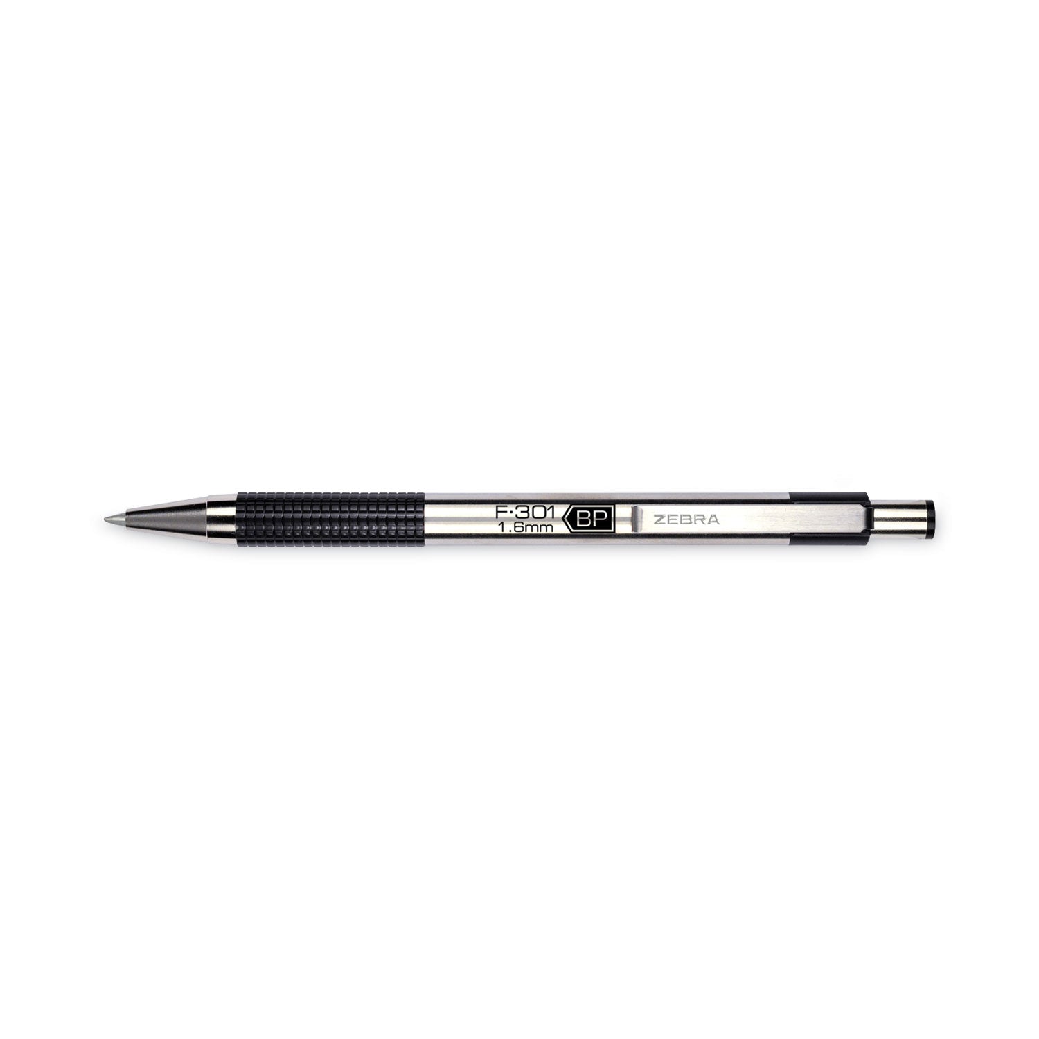 F-301 Ballpoint Pen, Retractable, Bold 1.6 mm, Black Ink, Stainless Steel/Black Barrel, 2/Pack