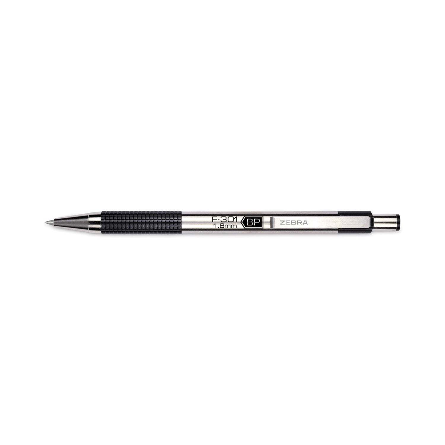 F-301 Ballpoint Pen, Retractable, Bold 1.6 mm, Black Ink, Stainless Steel/Black Barrel, 12/Pack - 