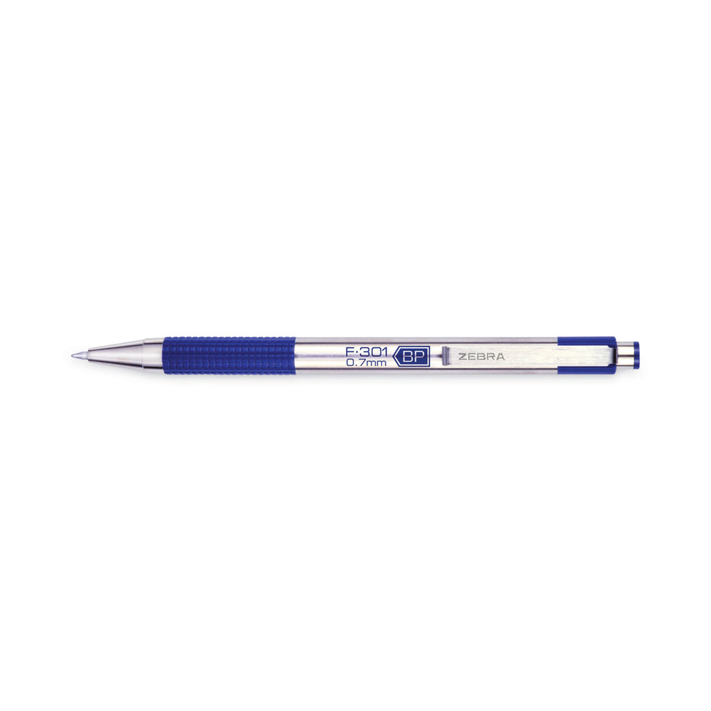 F-301 Ballpoint Pen, Retractable, Fine 0.7 mm, Blue Ink, Stainless Steel/Blue Barrel, 2/Pack