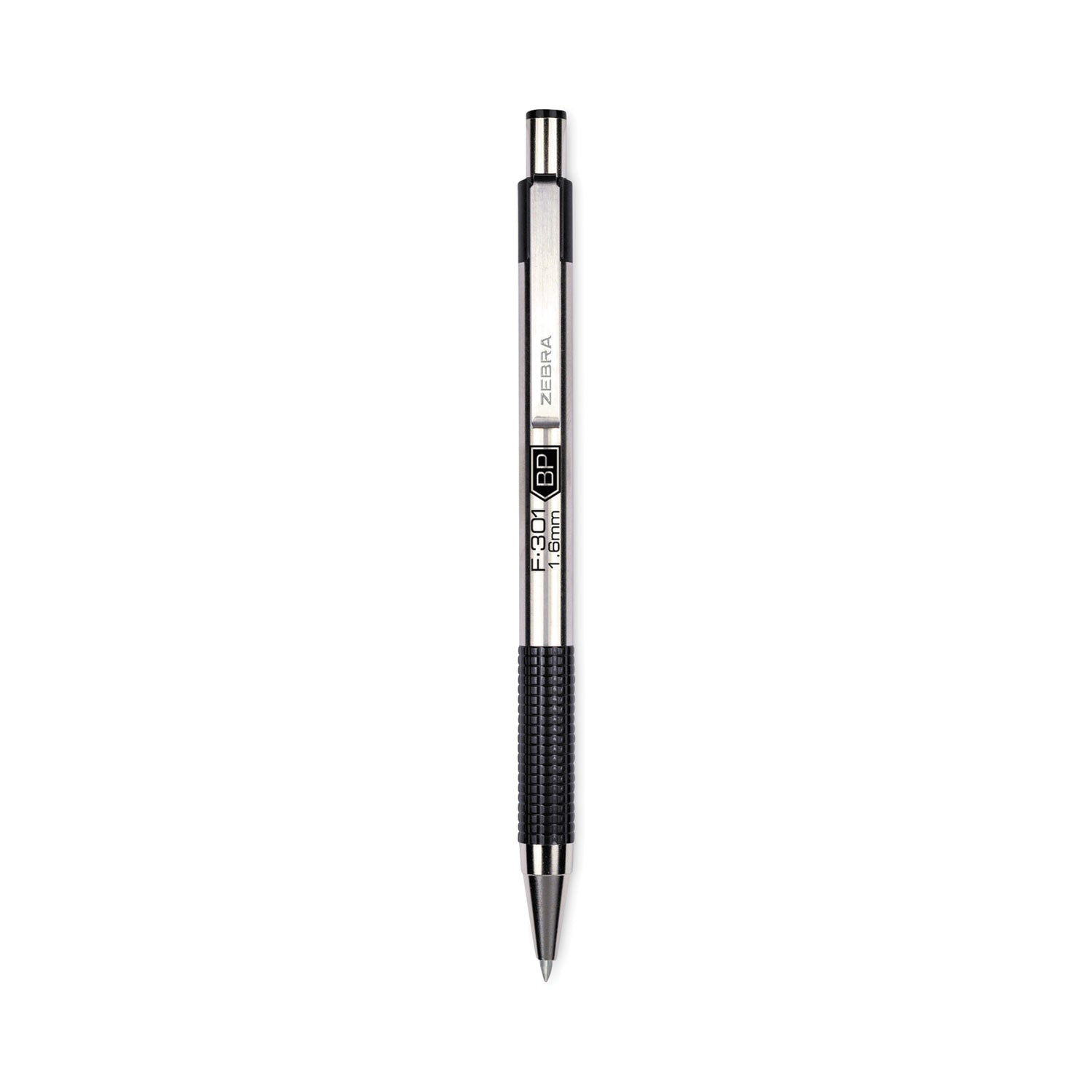 F-301 Ballpoint Pen, Retractable, Bold 1.6 mm, Black Ink, Stainless Steel/Black Barrel, 12/Pack - 