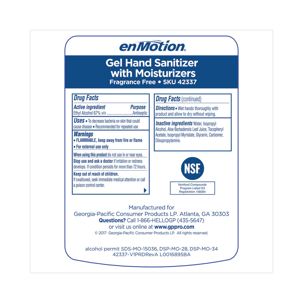 enMotion Gen2 E3-Rated Gel Sanitizer Dispenser Refill, 1,000 mL Bottle, Fragrance-Free, 2/Carton
