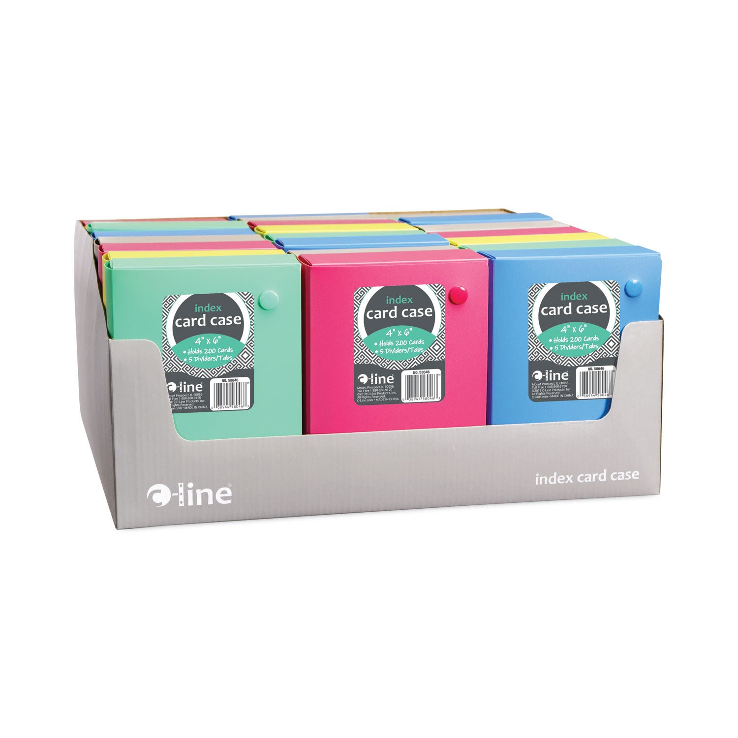 Index Card Case, Holds 200 4 x 6 Cards, 6.38 x 1.88 x 4.63, Polypropylene, Assorted Colors - 