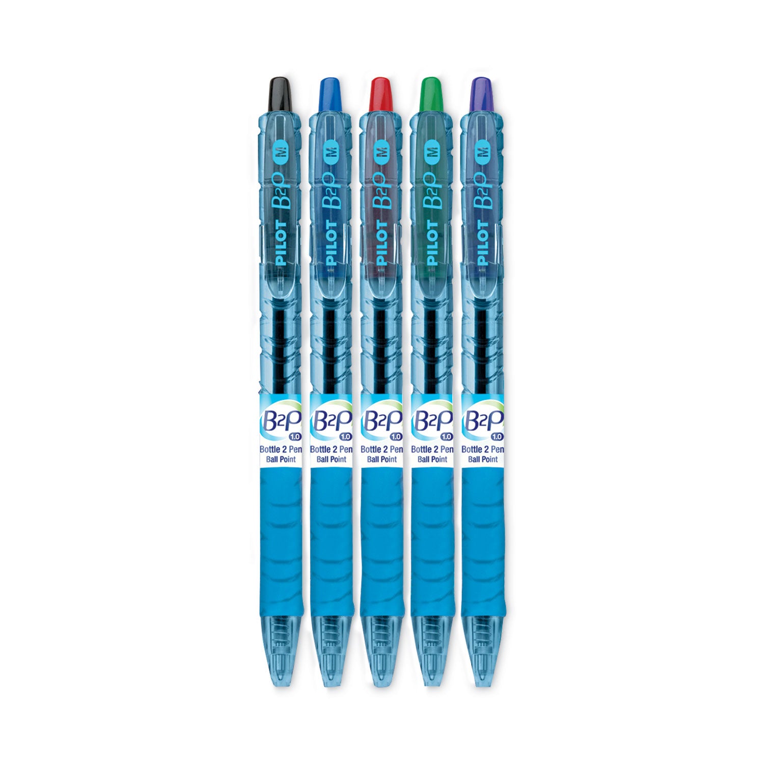 B2P Bottle-2-Pen Recycled Ballpoint Pen, Retractable, Medium 1 mm, Assorted Ink Colors, Translucent Blue Barrel, 5/Pack - 2