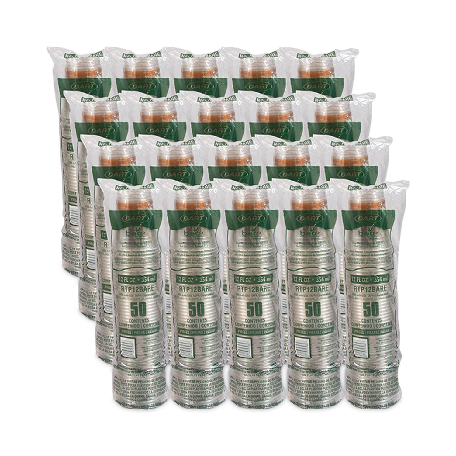 Bare Eco-Forward RPET Cold Cups, ProPlanet Seal, 12 oz to 14 oz, Leaf Design, Clear, Squat, 50/Pack, 20 Packs/Carton