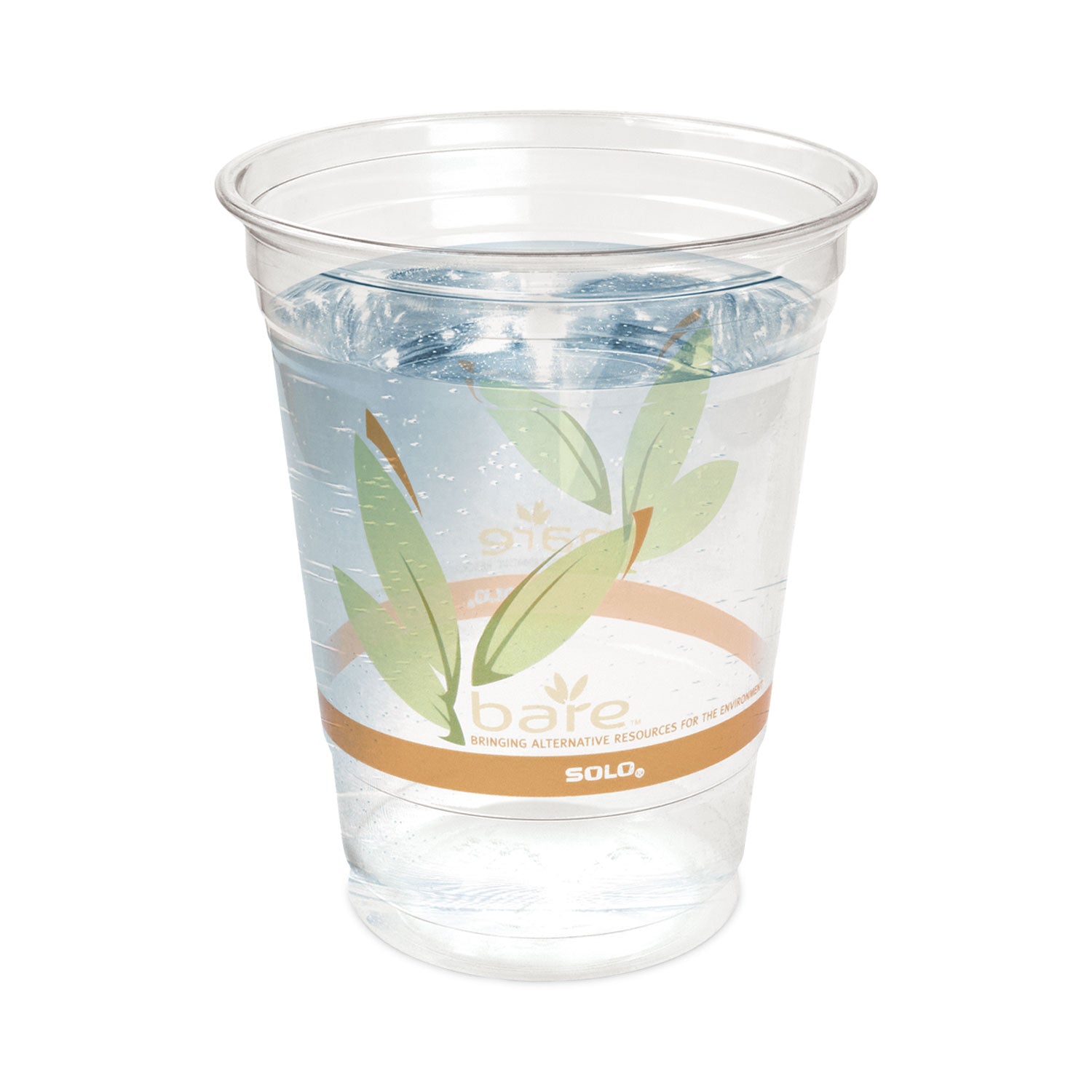 Bare Eco-Forward RPET Cold Cups, 12 oz to 14 oz, Leaf Design, Clear, Squat, 50/Pack - 