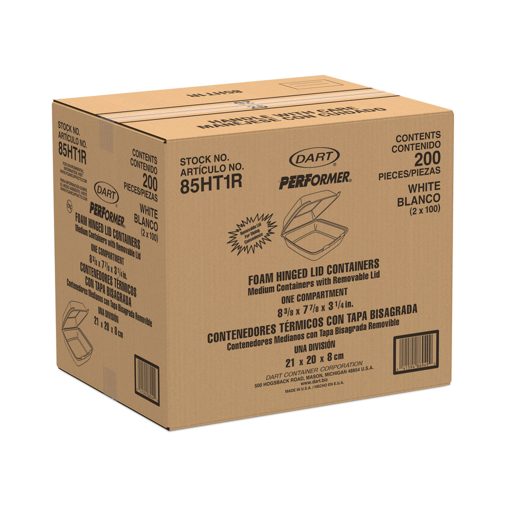 Foam Hinged Lid Containers, 1-Compartment, 8.38" x 7.78" x 3.25", White, 200/Carton