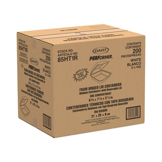 Foam Hinged Lid Containers, 1-Compartment, 8.38" x 7.78" x 3.25", White, 200/Carton