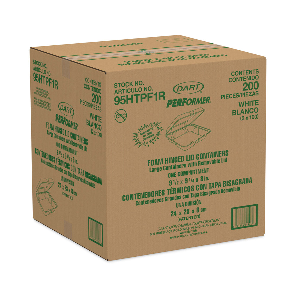 Foam Hinged Lid Container, Performer Perforated Lid, 9.3 x 9.5 x 3, White, 100/Bag, 2 Bag/Carton