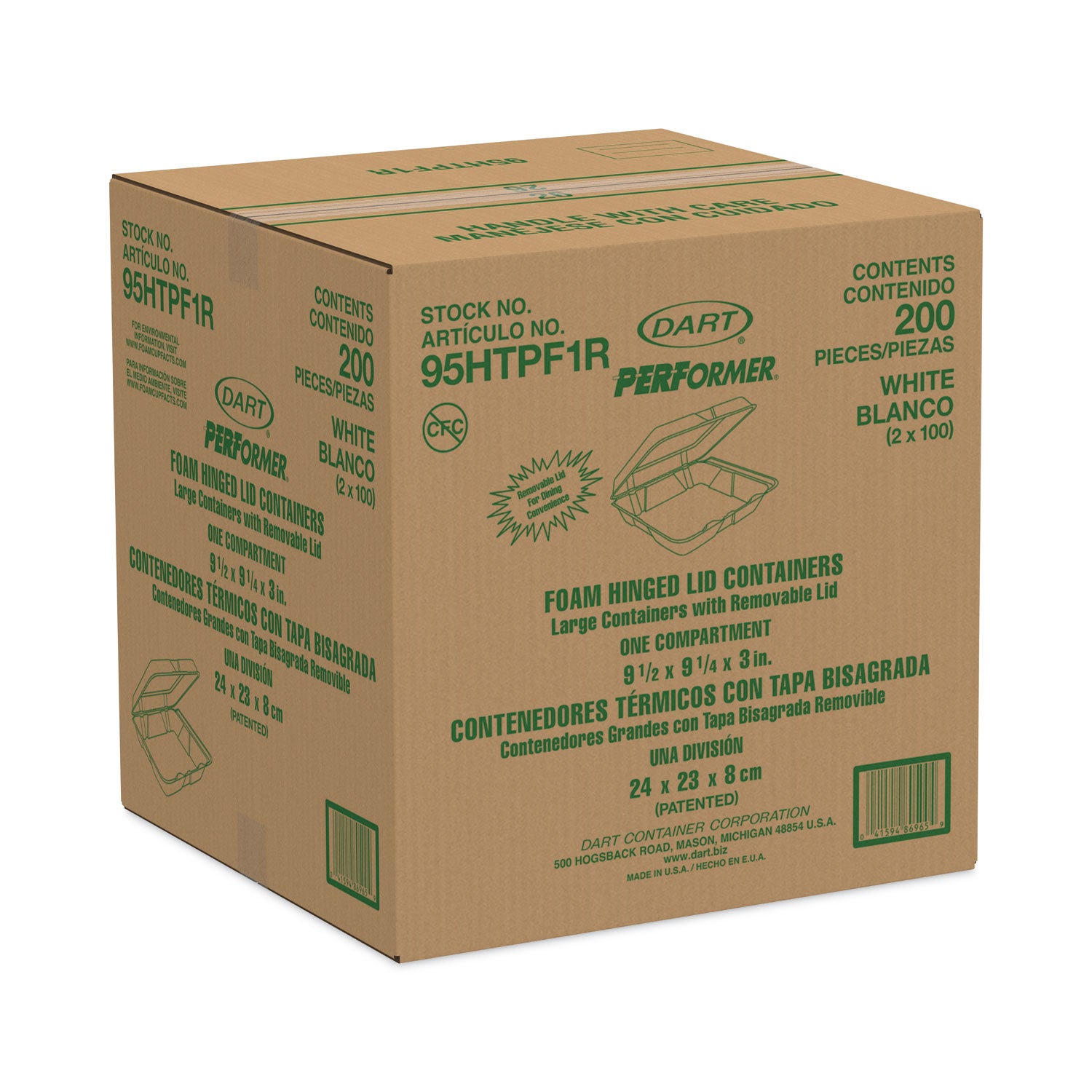 Foam Hinged Lid Container, Performer Perforated Lid, 9.3 x 9.5 x 3, White, 100/Bag, 2 Bag/Carton