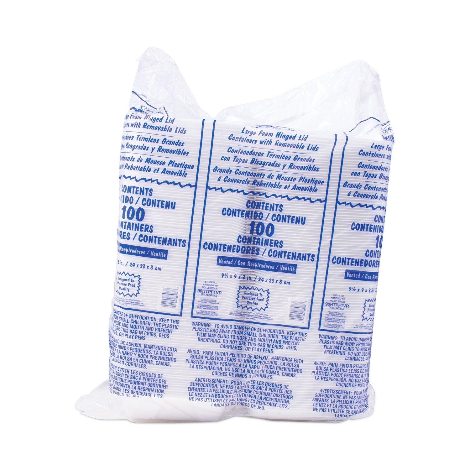 Foam Hinged Lid Container, Vented Lid, 9 x 9.4 x 3, White, 100/Pack, 2 Packs/Carton