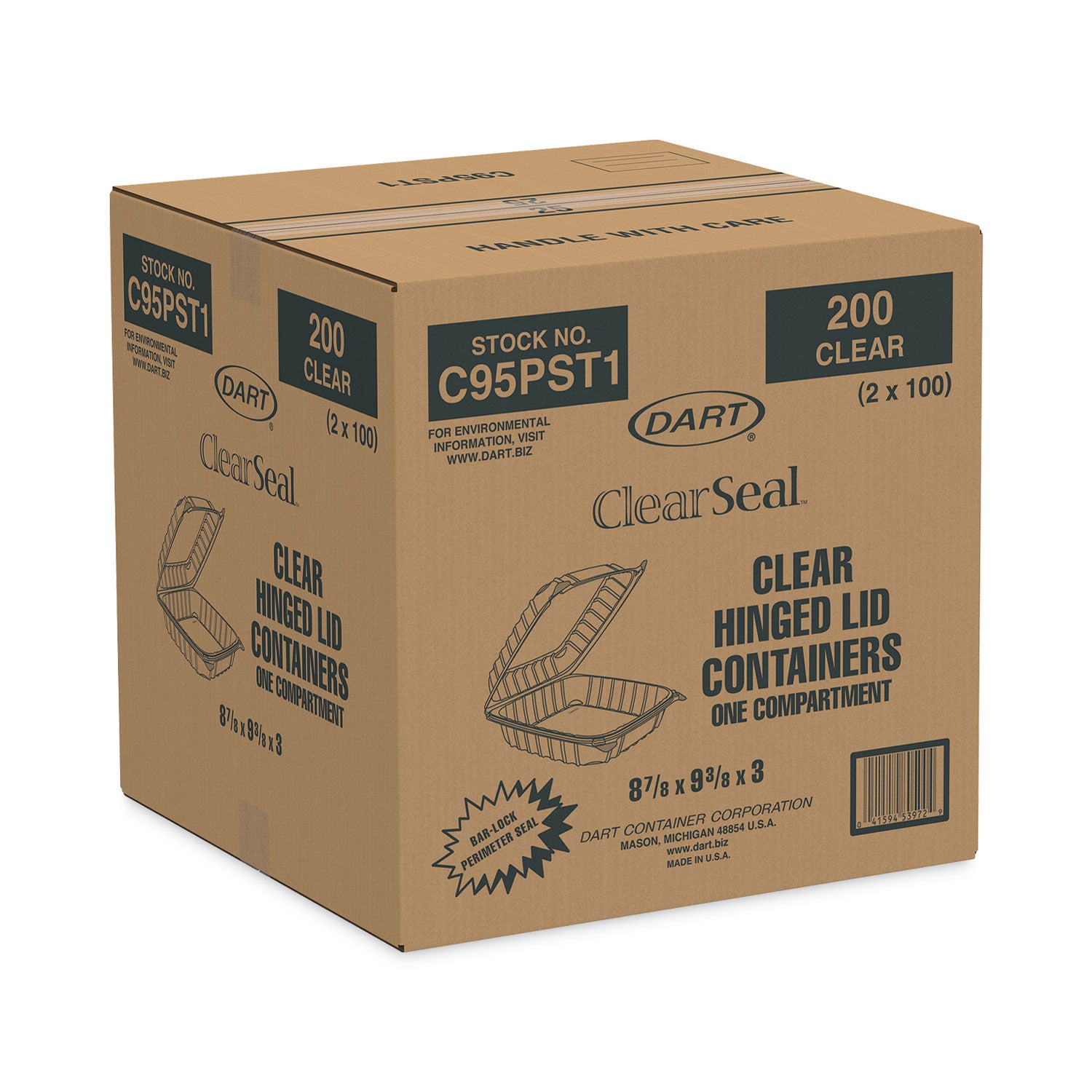 ClearSeal Hinged-Lid Plastic Containers, 9.3 x 8.8 x 3, Clear, Plastic, 100/Bag, 2 Bags/Carton - 