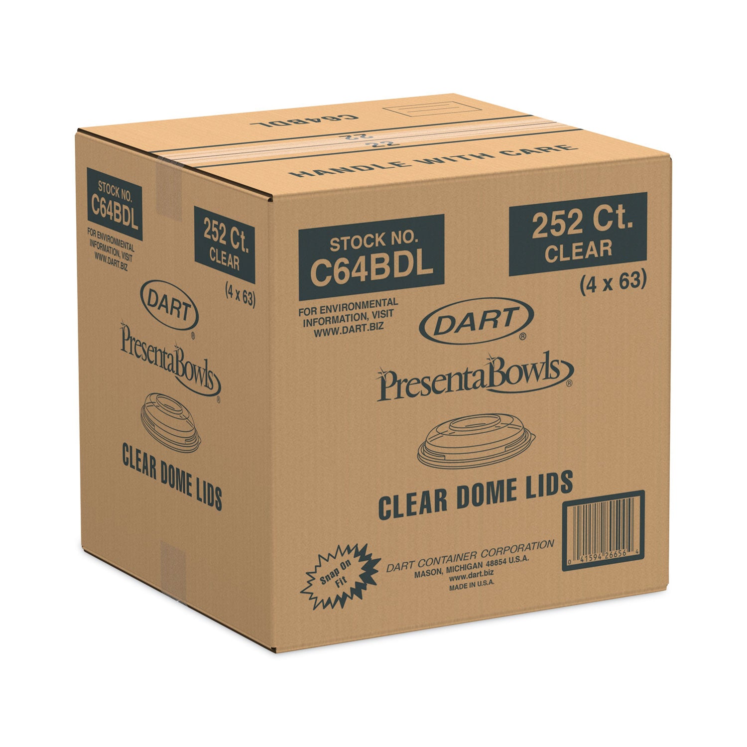 PresentaBowls Clear Dome Lids, 7.3 Diameter x 1.1 h, Clear, Plastic, 63 Lids/Bag, 4 Bags/Carton - 