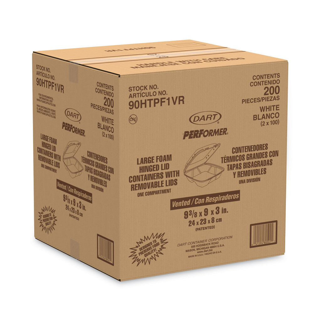Foam Hinged Lid Container, Vented Lid, 9 x 9.4 x 3, White, 100/Pack, 2 Packs/Carton