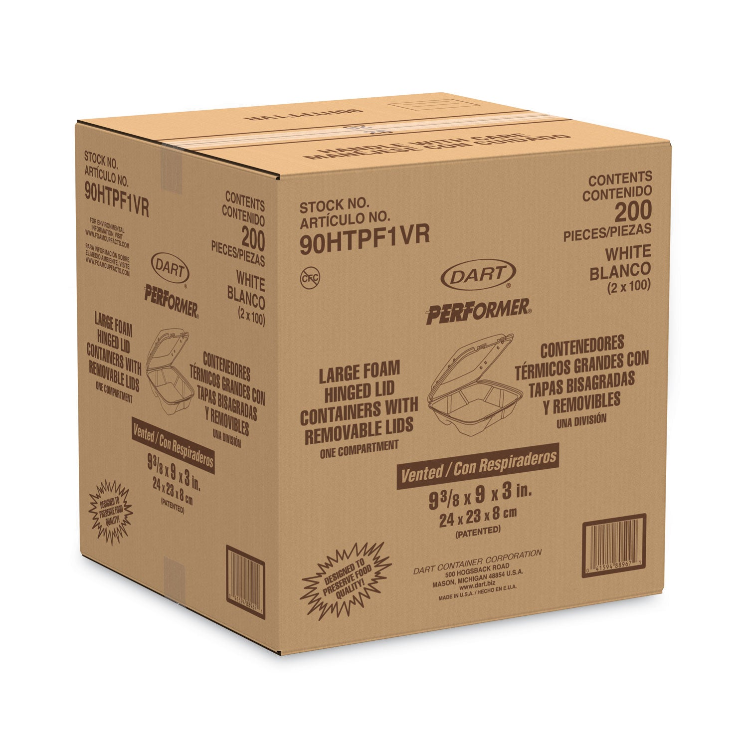 Foam Hinged Lid Container, Vented Lid, 9 x 9.4 x 3, White, 100/Pack, 2 Packs/Carton