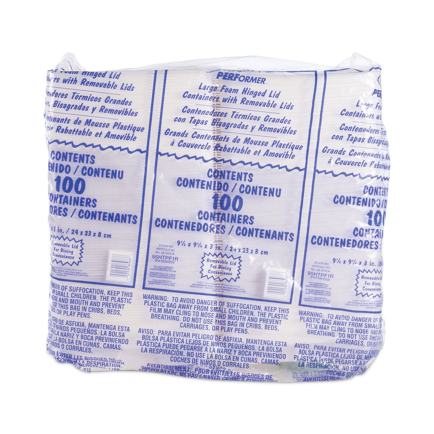 Foam Hinged Lid Container, Performer Perforated Lid, 9.3 x 9.5 x 3, White, 100/Bag, 2 Bag/Carton