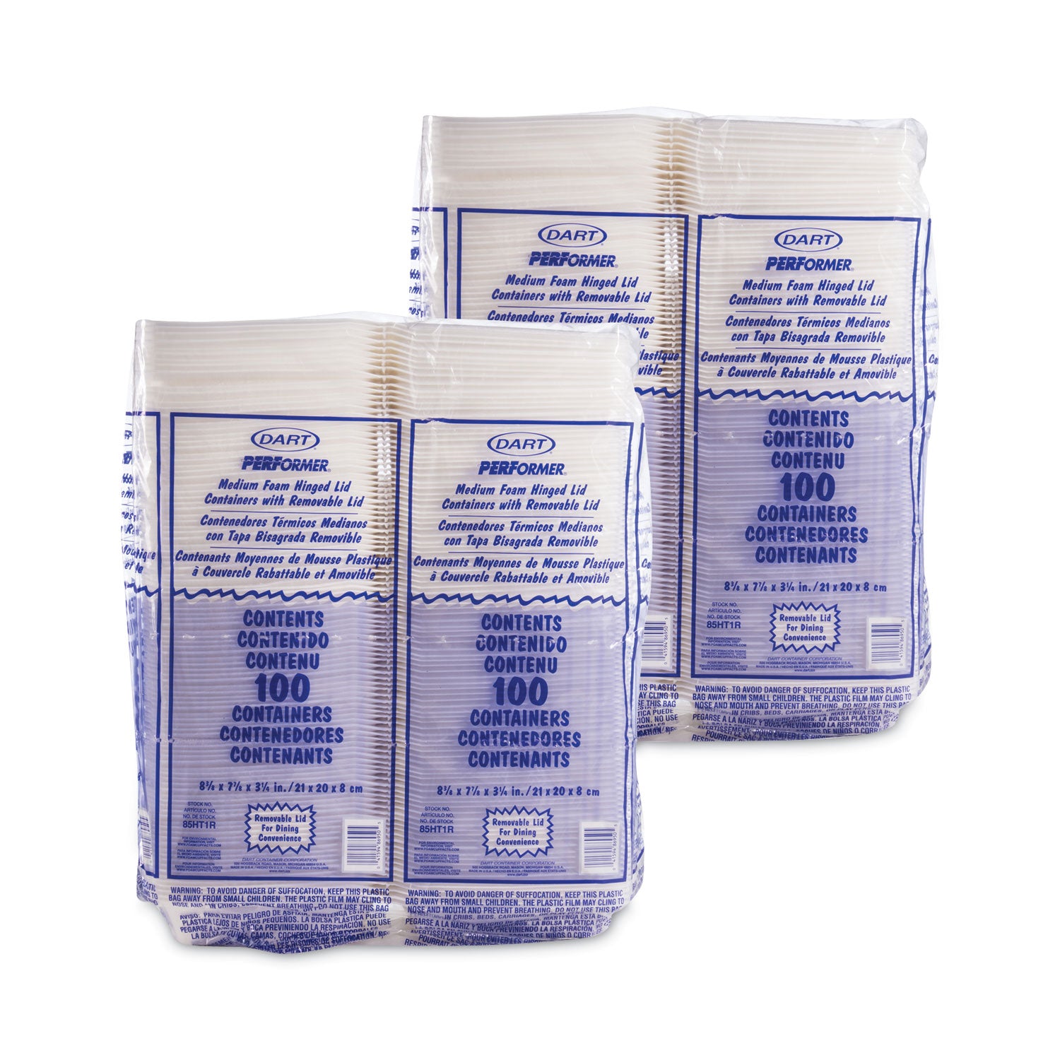 Foam Hinged Lid Containers, 1-Compartment, 8.38" x 7.78" x 3.25", White, 200/Carton