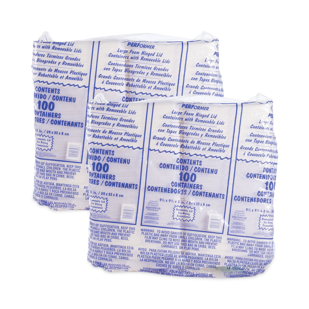 Foam Hinged Lid Container, Performer Perforated Lid, 9.3 x 9.5 x 3, White, 100/Bag, 2 Bag/Carton