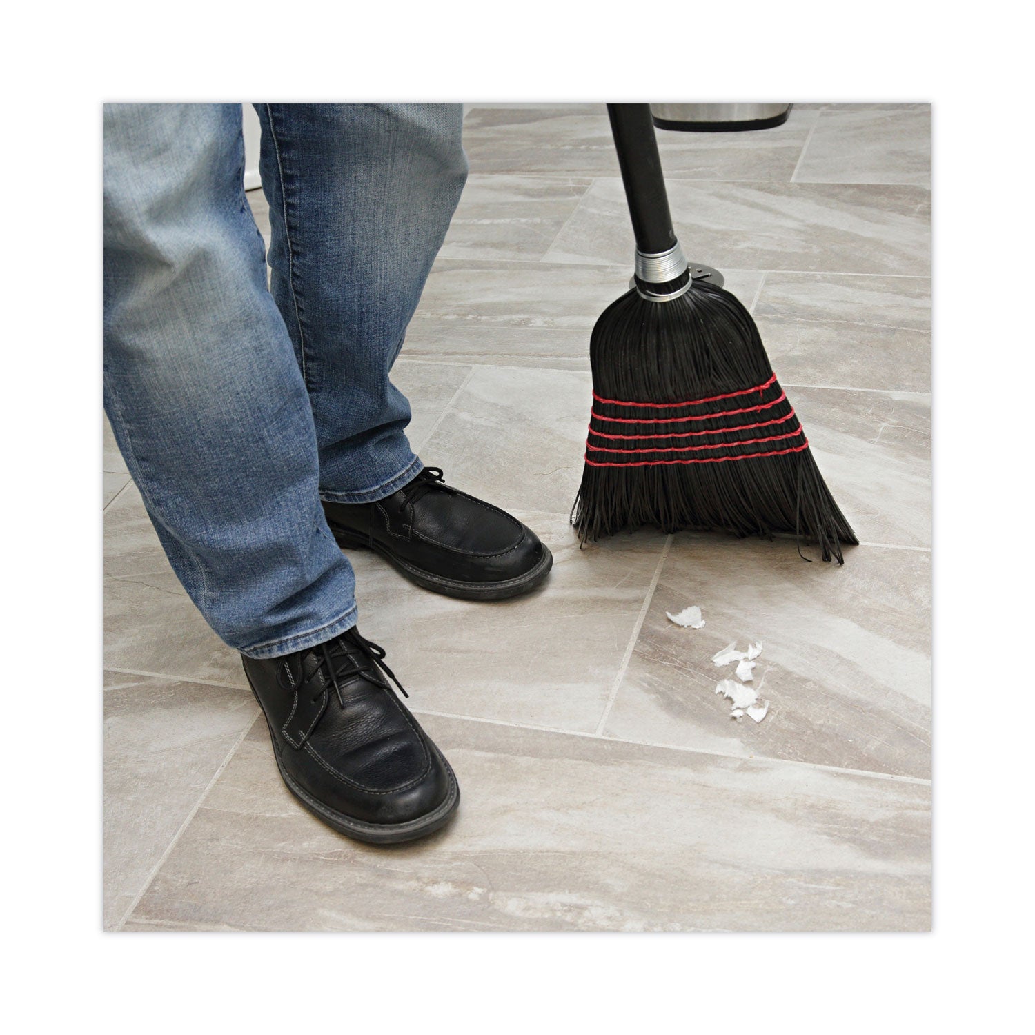Flagged Tip Poly Bristle Janitor Brooms, 10 x 58.5, Wood Handle, Natural/Black, 12/Carton