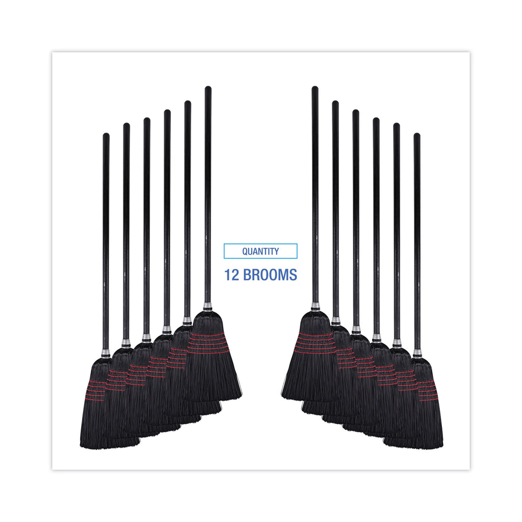 Flagged Tip Poly Bristle Janitor Brooms, 10 x 58.5, Wood Handle, Natural/Black, 12/Carton
