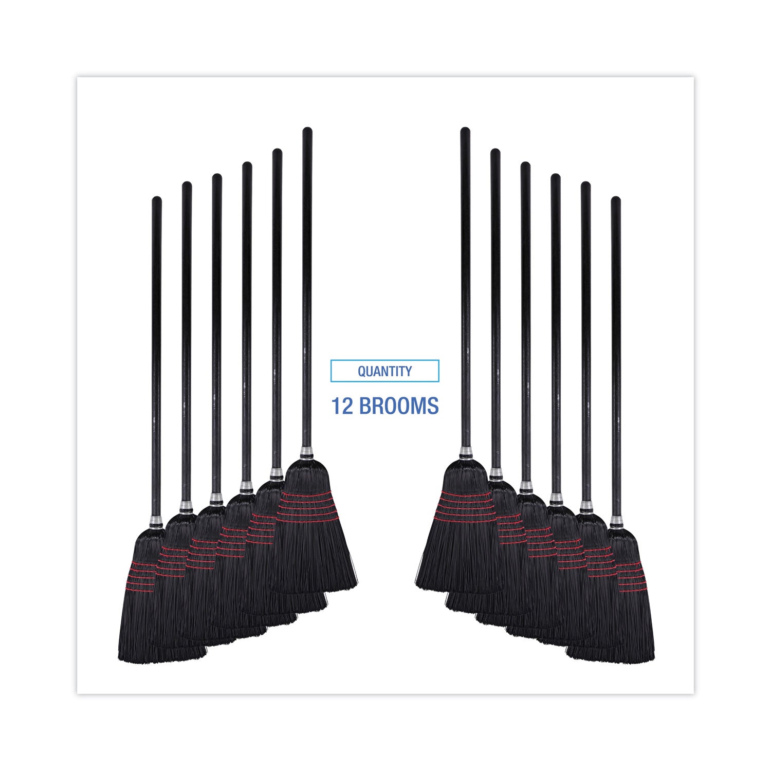 Flagged Tip Poly Bristle Janitor Brooms, 10 x 58.5, Wood Handle, Natural/Black, 12/Carton
