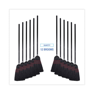 Flagged Tip Poly Bristle Janitor Brooms, 10 x 58.5, Wood Handle, Natural/Black, 12/Carton