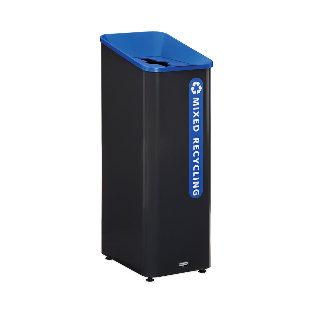 Sustain Decorative Refuse with Recycling Lid, 15 gal, Metal/Plastic, Black/Blue