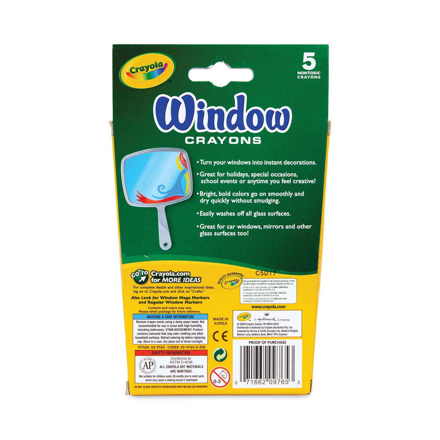 Washable Window Crayons, Assorted Colors, 5/Set - 