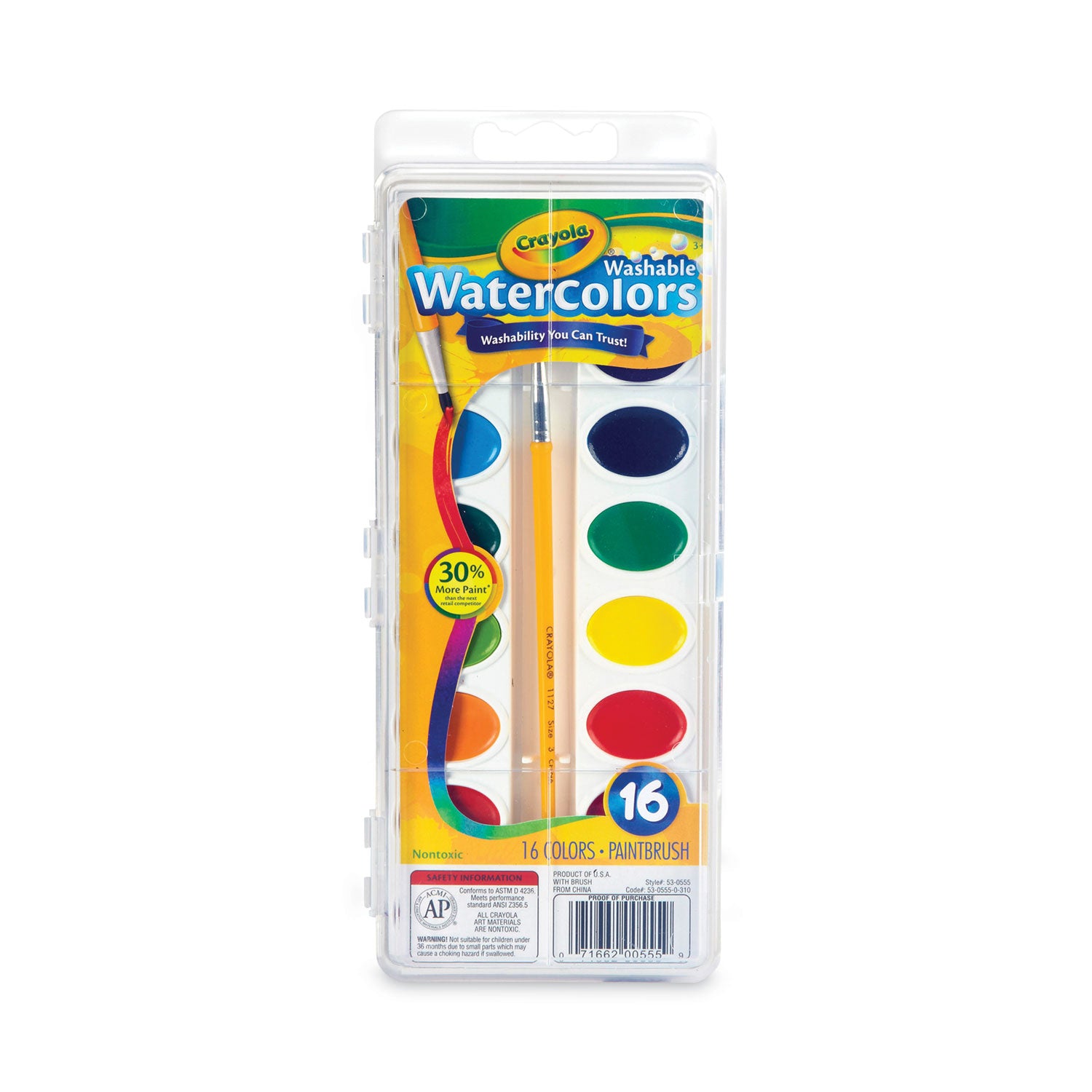 Washable Watercolors, 16 Assorted Colors, Palette Tray - 