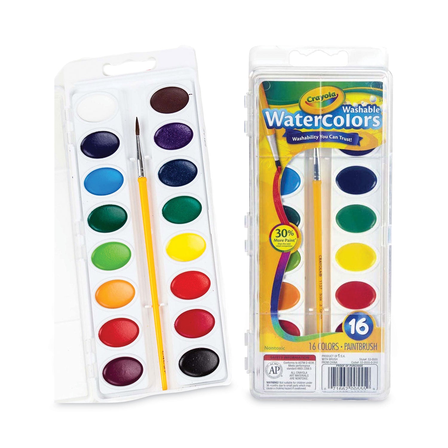 Washable Watercolors, 16 Assorted Colors, Palette Tray - 