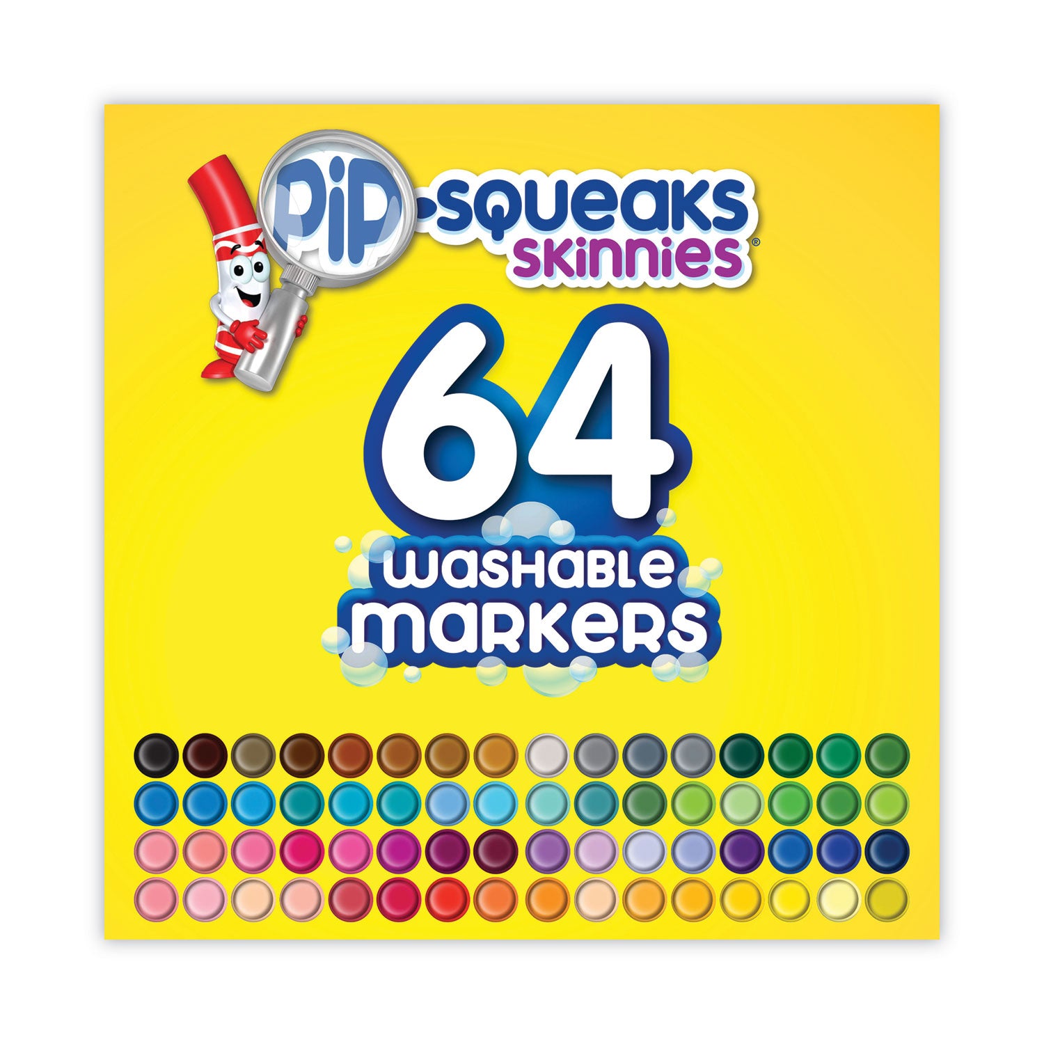 Pip-Squeaks Skinnies Washable Markers, Medium Bullet Tip, Assorted Colors, 64/Pack - 