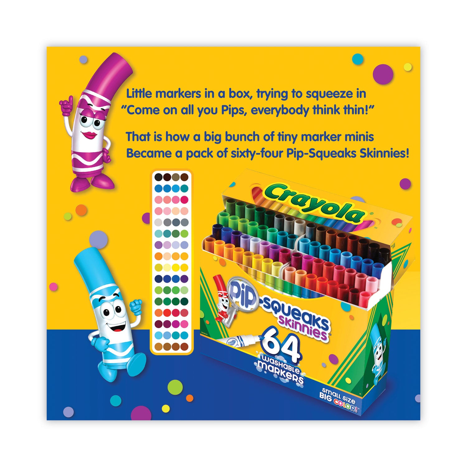 Pip-Squeaks Skinnies Washable Markers, Medium Bullet Tip, Assorted Colors, 64/Pack