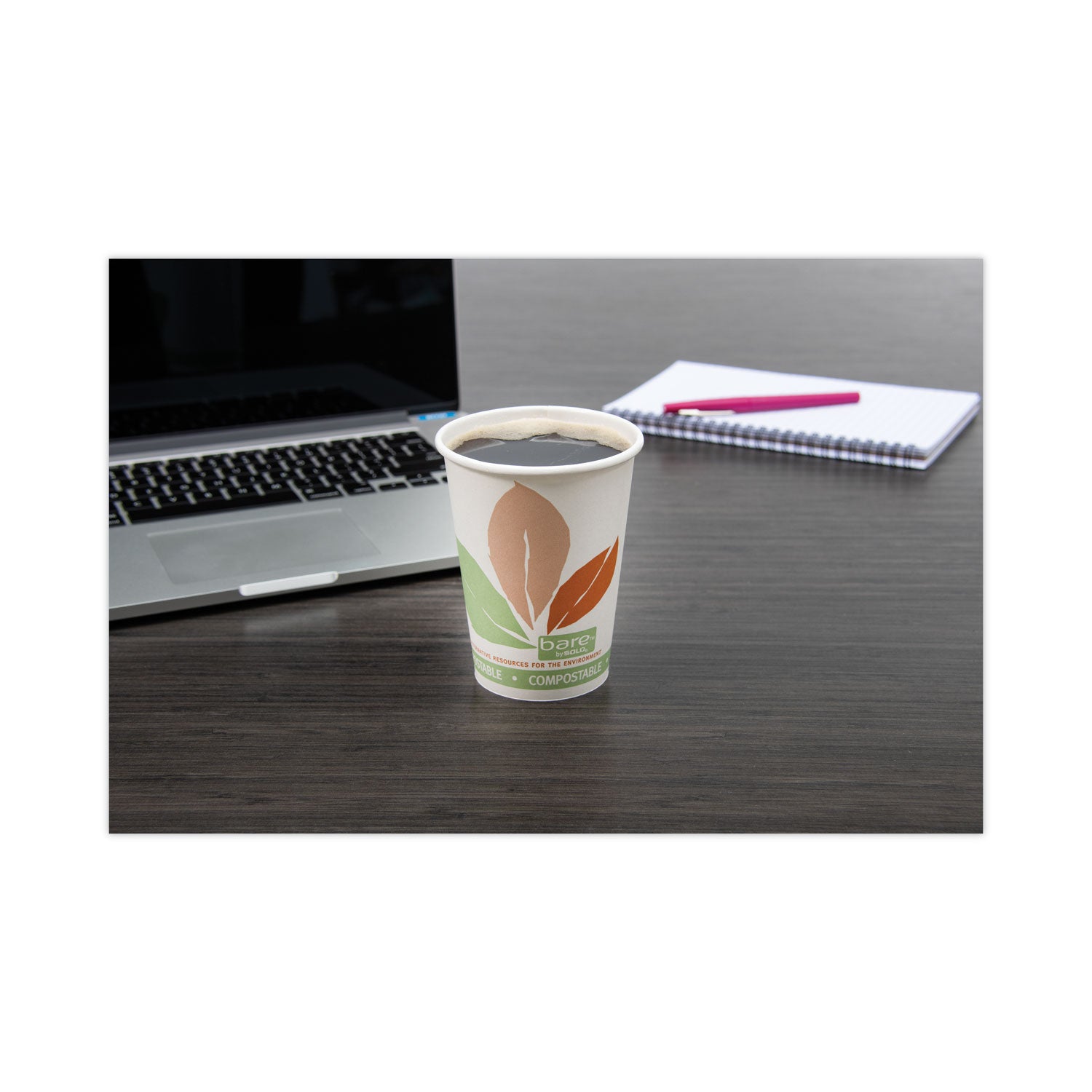 Bare Eco-Forward PLA Paper Hot Cups, 12 oz, Leaf Design, White/Green/Orange, 50/Bag, 20 Bags/Carton - 