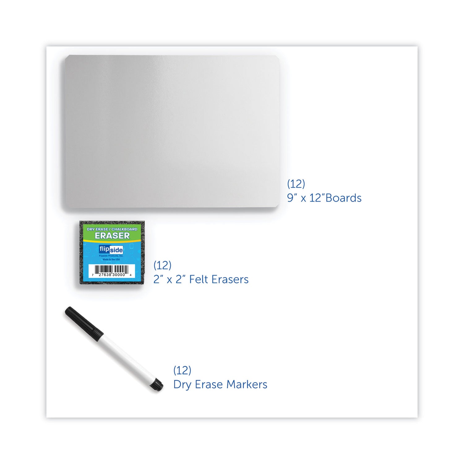 Dry Erase Board Set with Black Markers, 12 x 9, White Surface, 12/Pack - 