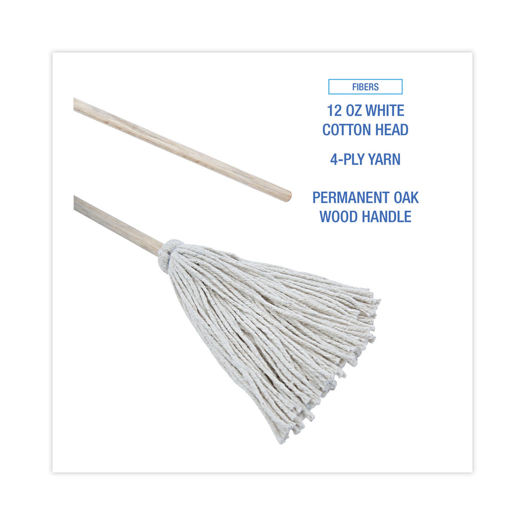 Handle/Deck Mops, #12 White Cotton Head, 48" Natural Wood Handle, 6/Pack