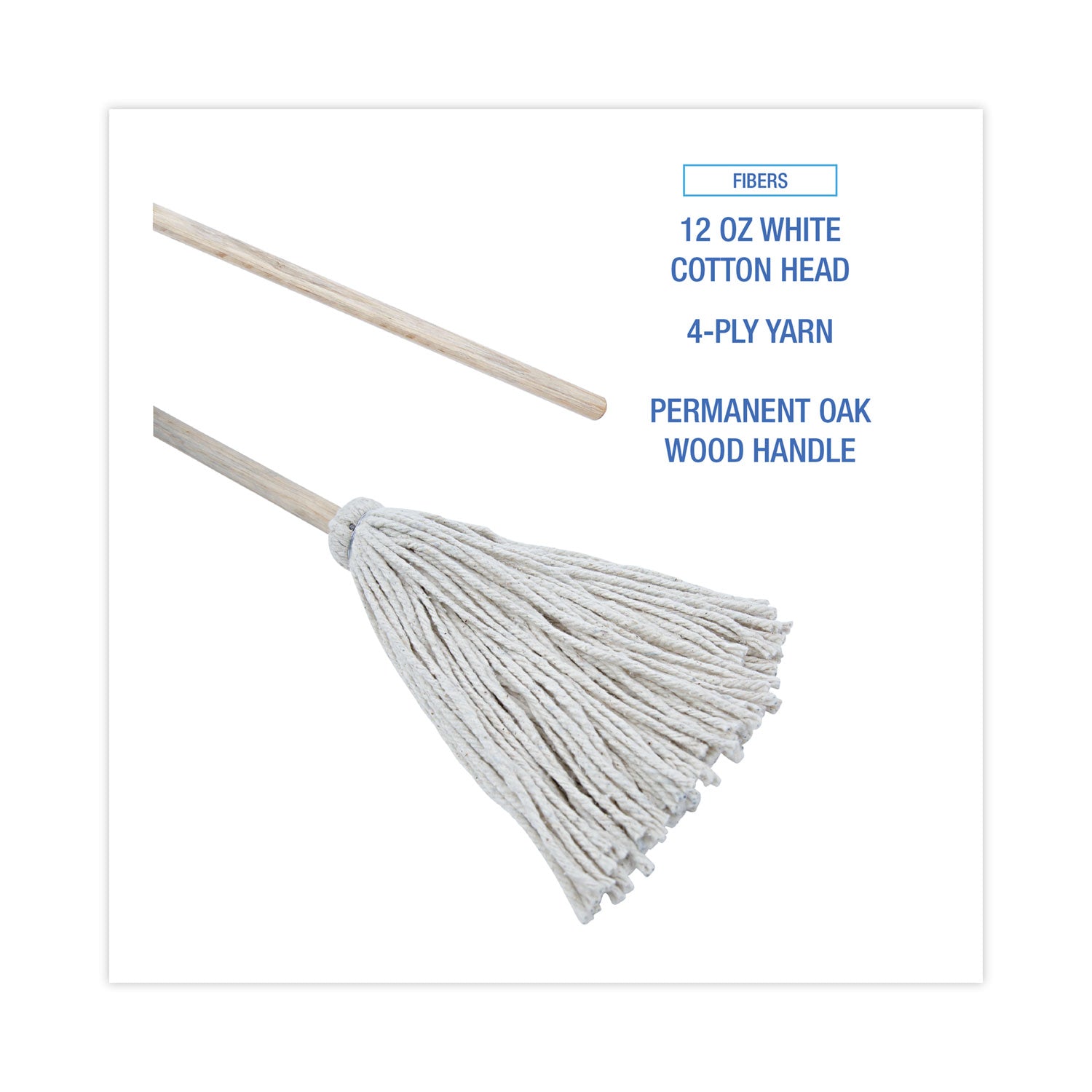 Handle/Deck Mops, #12 White Cotton Head, 48" Natural Wood Handle, 6/Pack - 