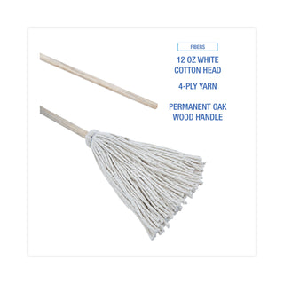 Handle/Deck Mops, #12 White Cotton Head, 48" Natural Wood Handle, 6/Pack