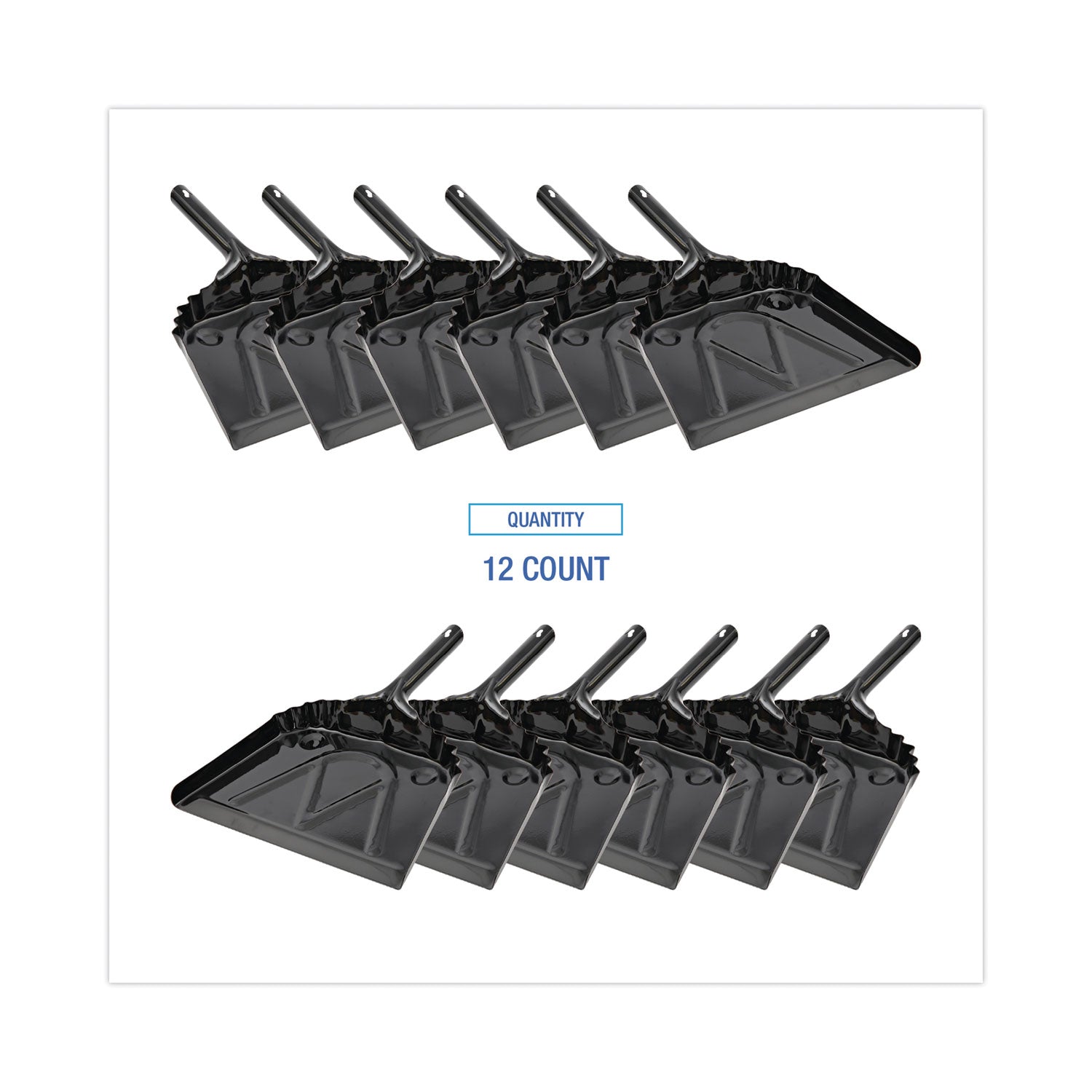 Metal Dust Pan, 12 x 14, 2" Handle, 20-Gauge Steel, Black, 12/Carton