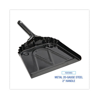 Metal Dust Pan, 12 x 14, 2" Handle, 20-Gauge Steel, Black, 12/Carton