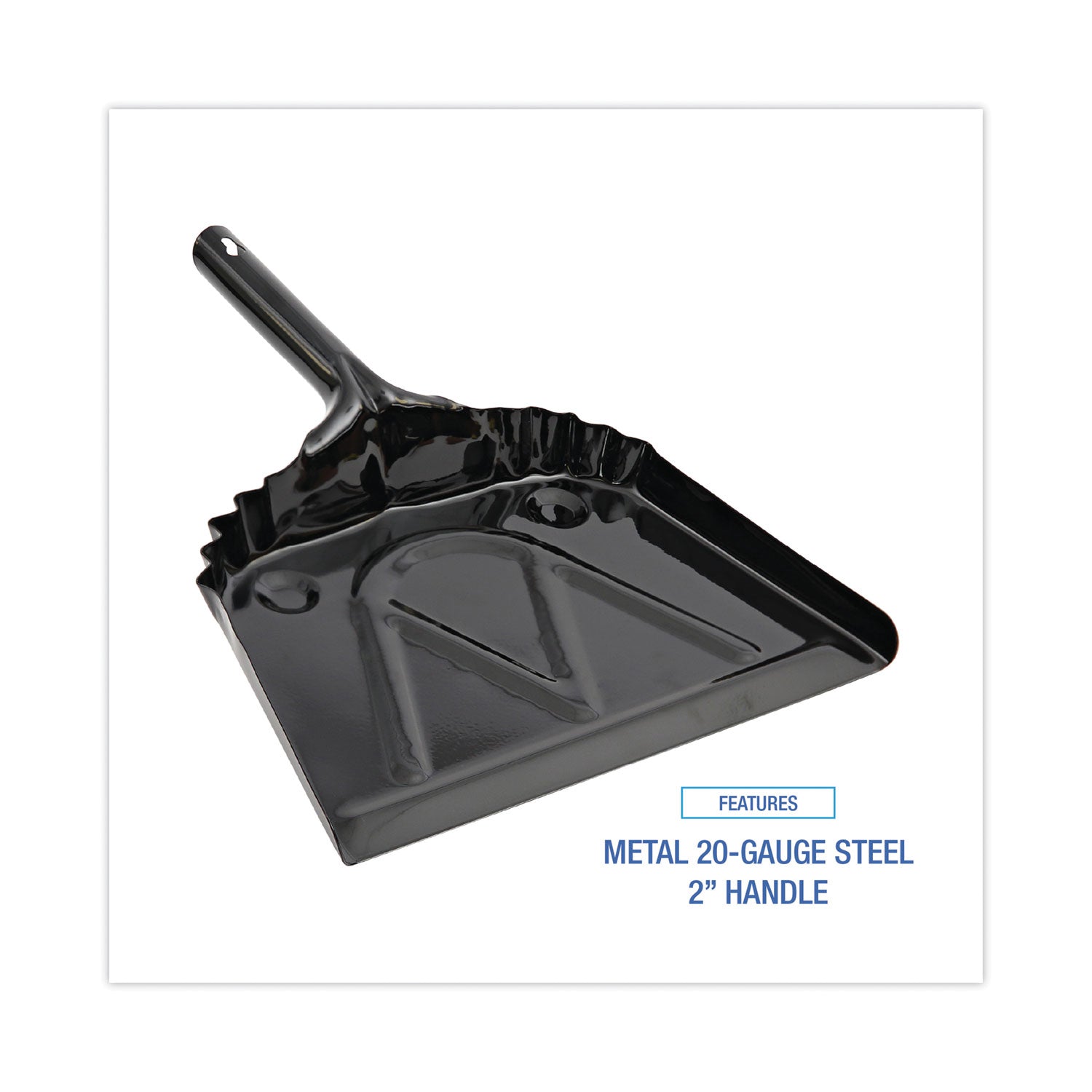Metal Dust Pan, 12 x 14, 2" Handle, 20-Gauge Steel, Black, 12/Carton