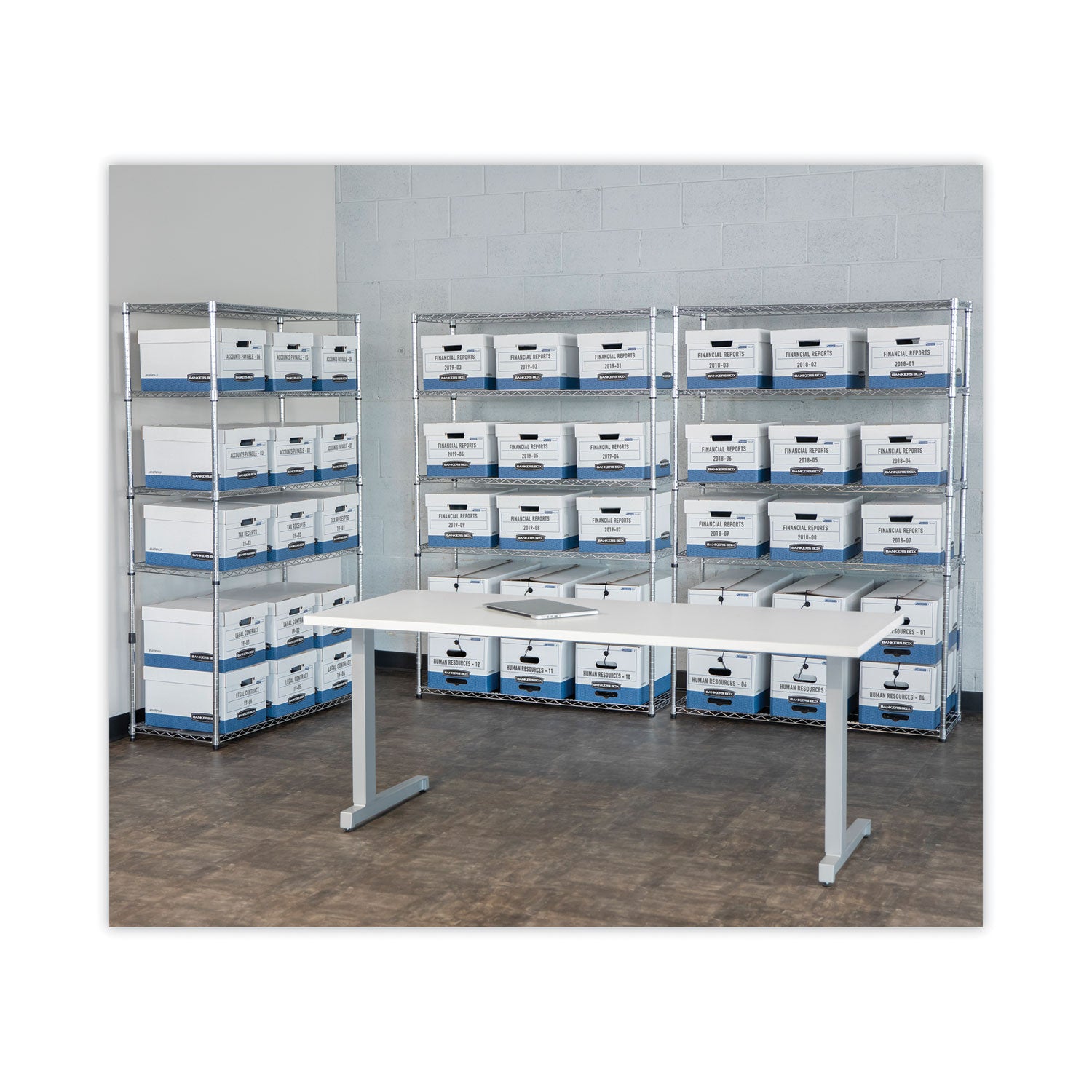 STOR/FILE Medium-Duty Letter/Legal Storage Boxes, Letter/Legal Files, 12.75" x 16.5" x 10.5", White/Blue, 4/Carton - 