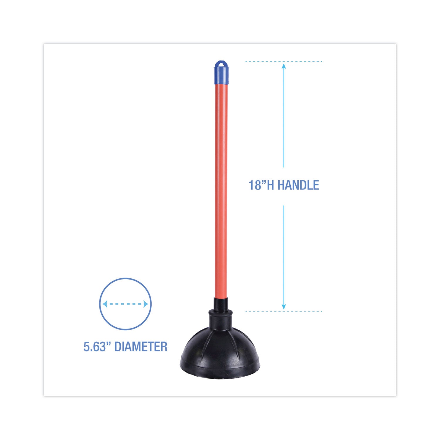 Toilet Plunger, 18" Plastic Handle, 5.63" dia, Red/Black, 6/Carton - 