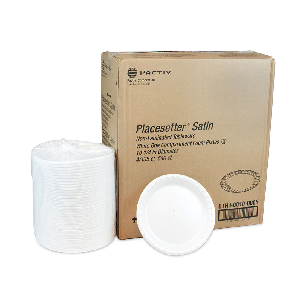Placesetter Satin Non-Laminated Foam Dinnerware, Plate, 10.25" dia, White, 540/Carton