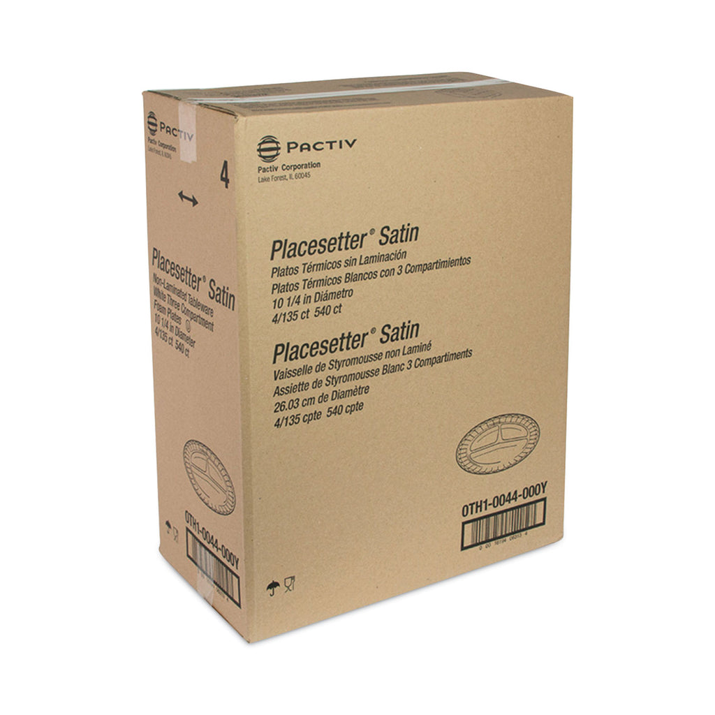Placesetter Satin Non-Laminated Foam Dinnerware, 3-Compartment Plate, 10.25" dia, White, 540/Carton